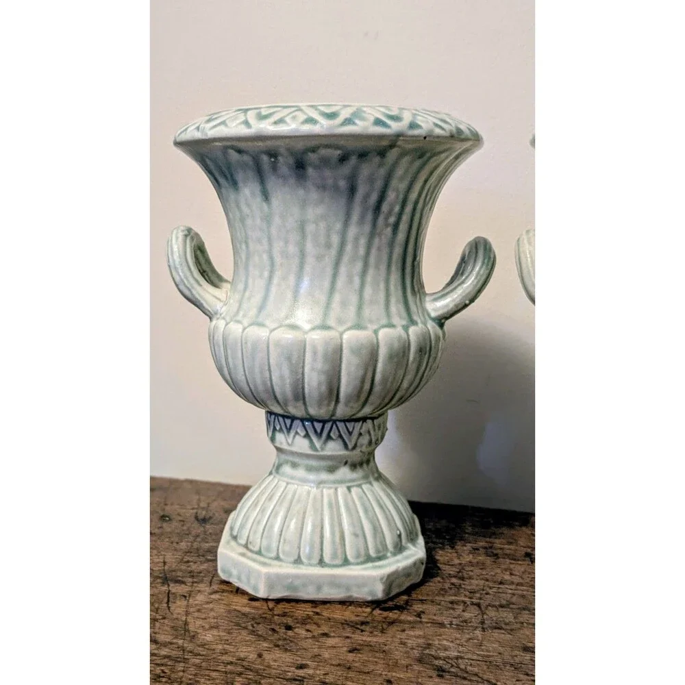 Vintage Pair Celadon Green Majolica Style Vases Neoclassical Mantle Urns Japan